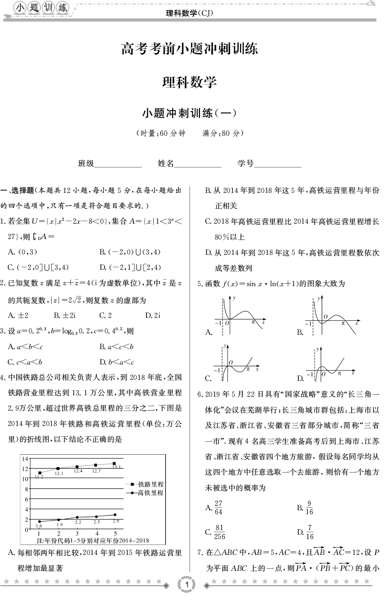 [理數(shù)]師大附中、長(zhǎng)沙一中2020高考考前小題訓(xùn)練