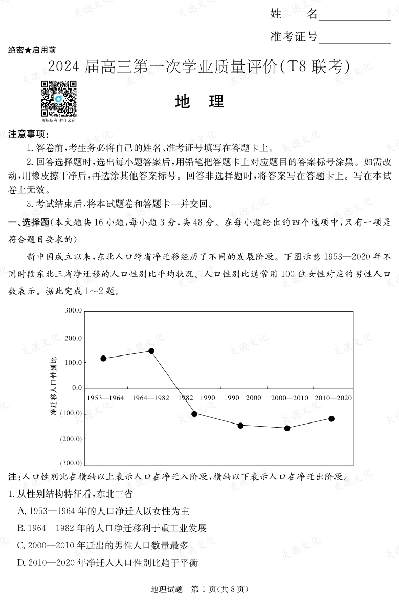 【地理】2024屆高三第一次學業(yè)質(zhì)量評價（T8聯(lián)考“附中5次”）